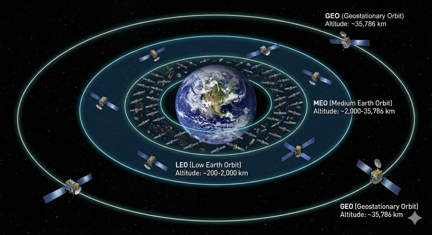 A visual representation of the differences between LEO, MEO and GEO orbits