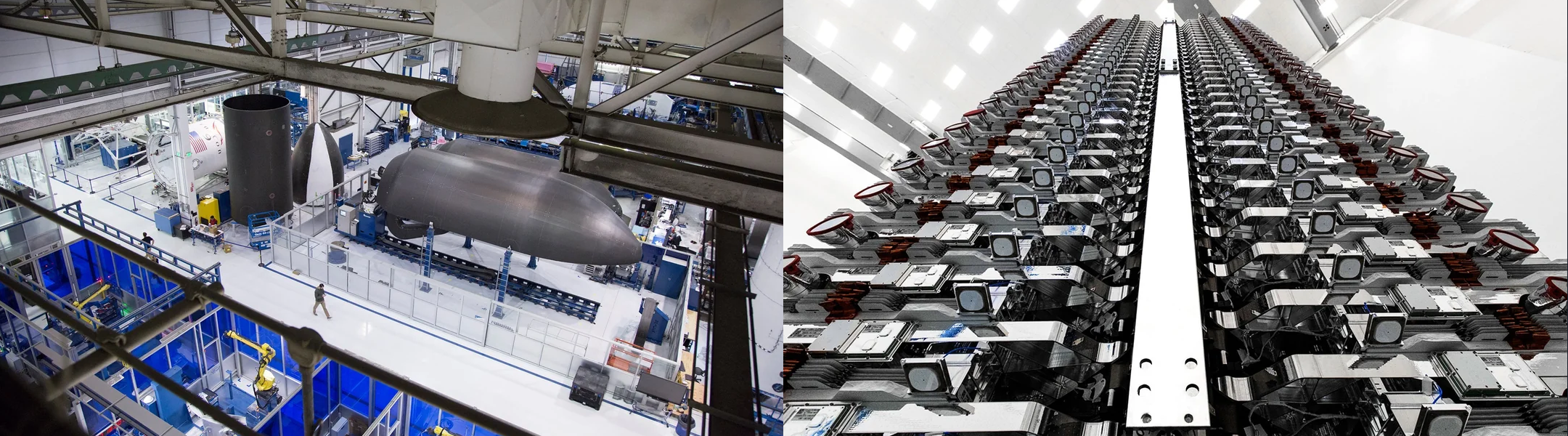 Side by side images of SpaceX building a rocket and assembling satellites