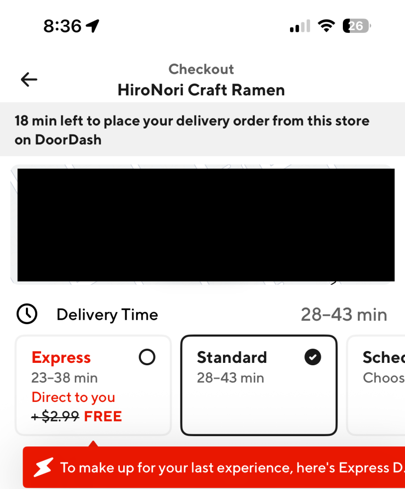 Redacted screenshot of the DoorDash app showing the Express delivery option in checkout