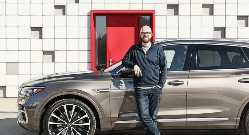An AI-generated portrait riff: the author imagined alongside the Lucid Gravity in the showroom