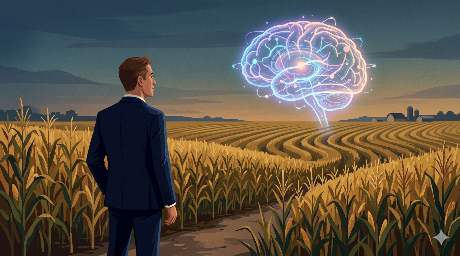 Editorial illustration: a baseball field at dusk with text overlay reading 'Field of Dreams is hope dressed up as a strategy'