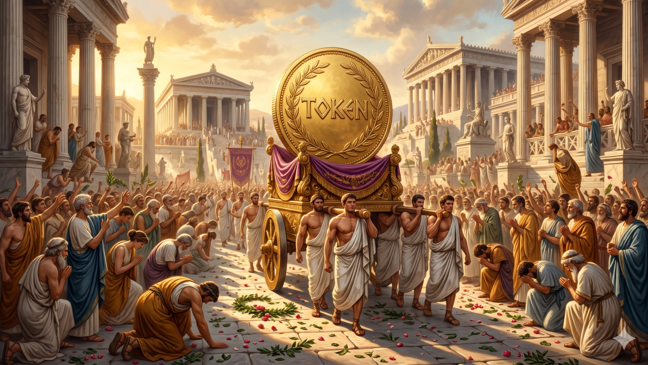 Editorial illustration: a single bright golden token elevated on a pedestal, surrounded by figures bowing in reverence