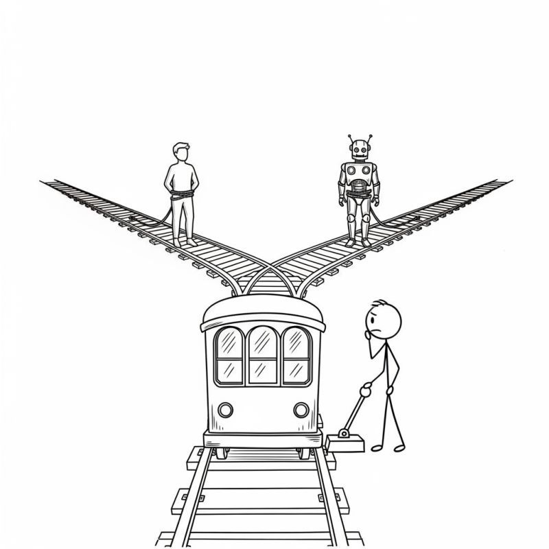 Editorial illustration: a parent and a small robotic child sitting side by side, suggesting a quiet familial bond