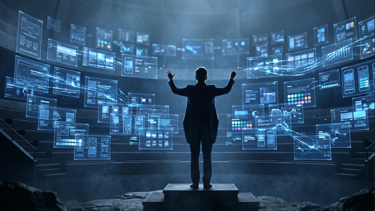 Cinematic illustration: a lone figure on a podium, arms raised, conducting a vast amphitheater of glowing blue design layouts like an orchestra