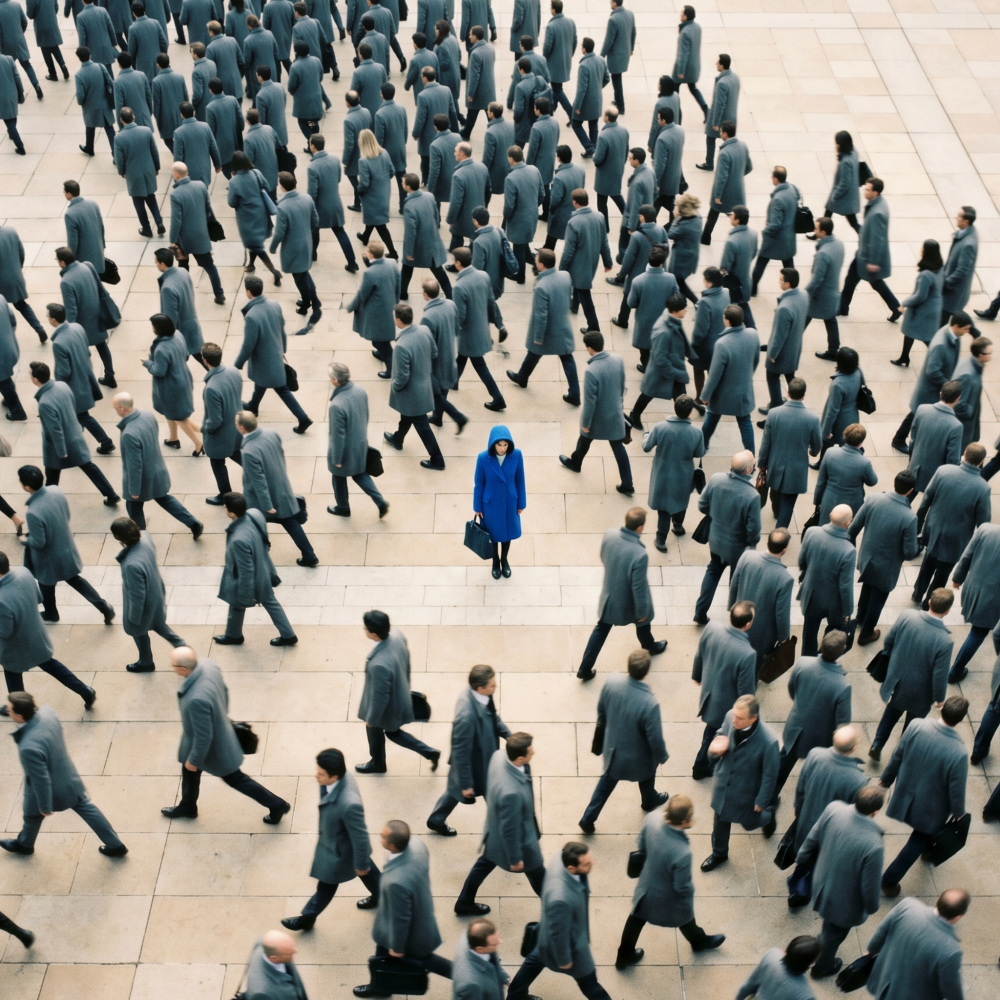 A crowd of people in gray coats seen from above, all mid-stride, with a single person in a bright blue coat standing still at the center