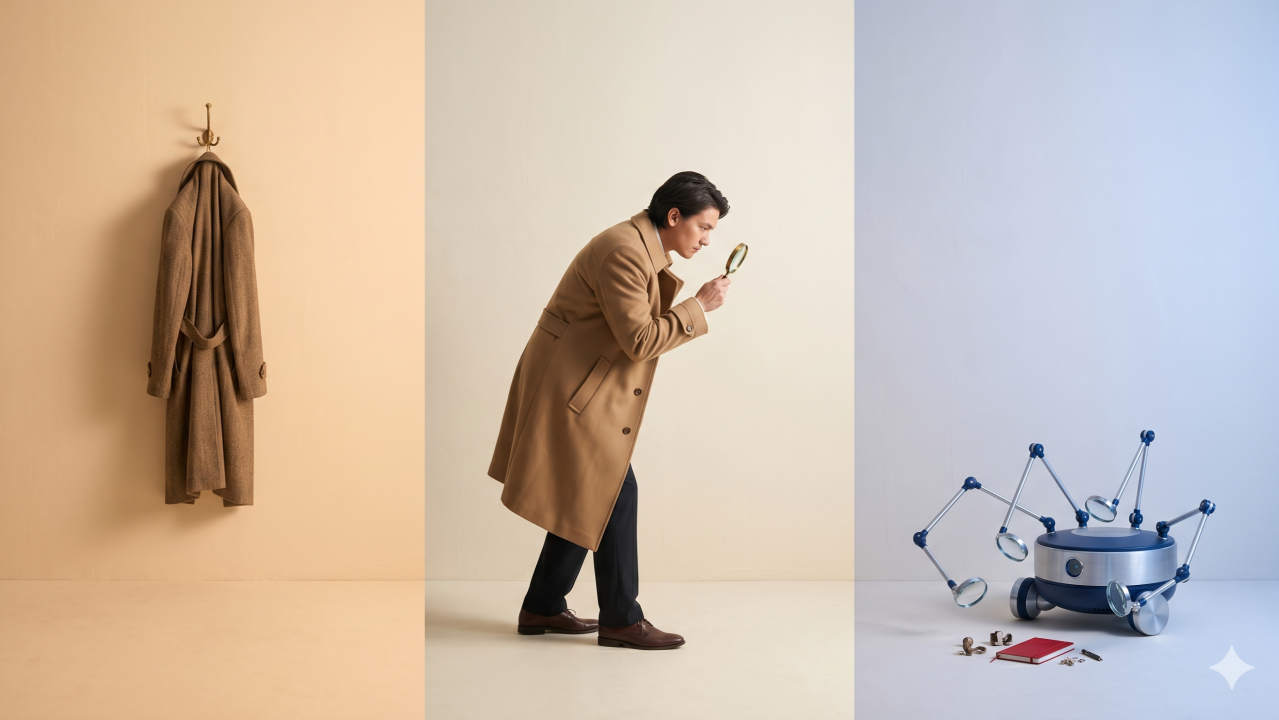 Editorial triptych: a trench coat on a wall hook, a person in a trench coat peering through a magnifying glass, and a gadget exploded into its scattered parts