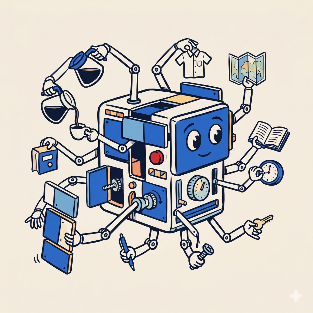 A whimsical illustration of a super app as a friendly boxy robot with many arms, each holding a different function - coffee, a shirt, a map, a book, a clock, a payment card