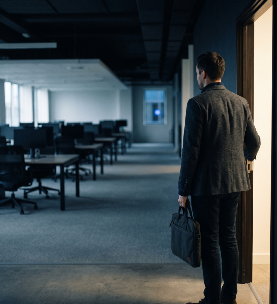 A man in a blazer with a laptop bag stands in a doorway, looking out across a dim, empty open-plan office