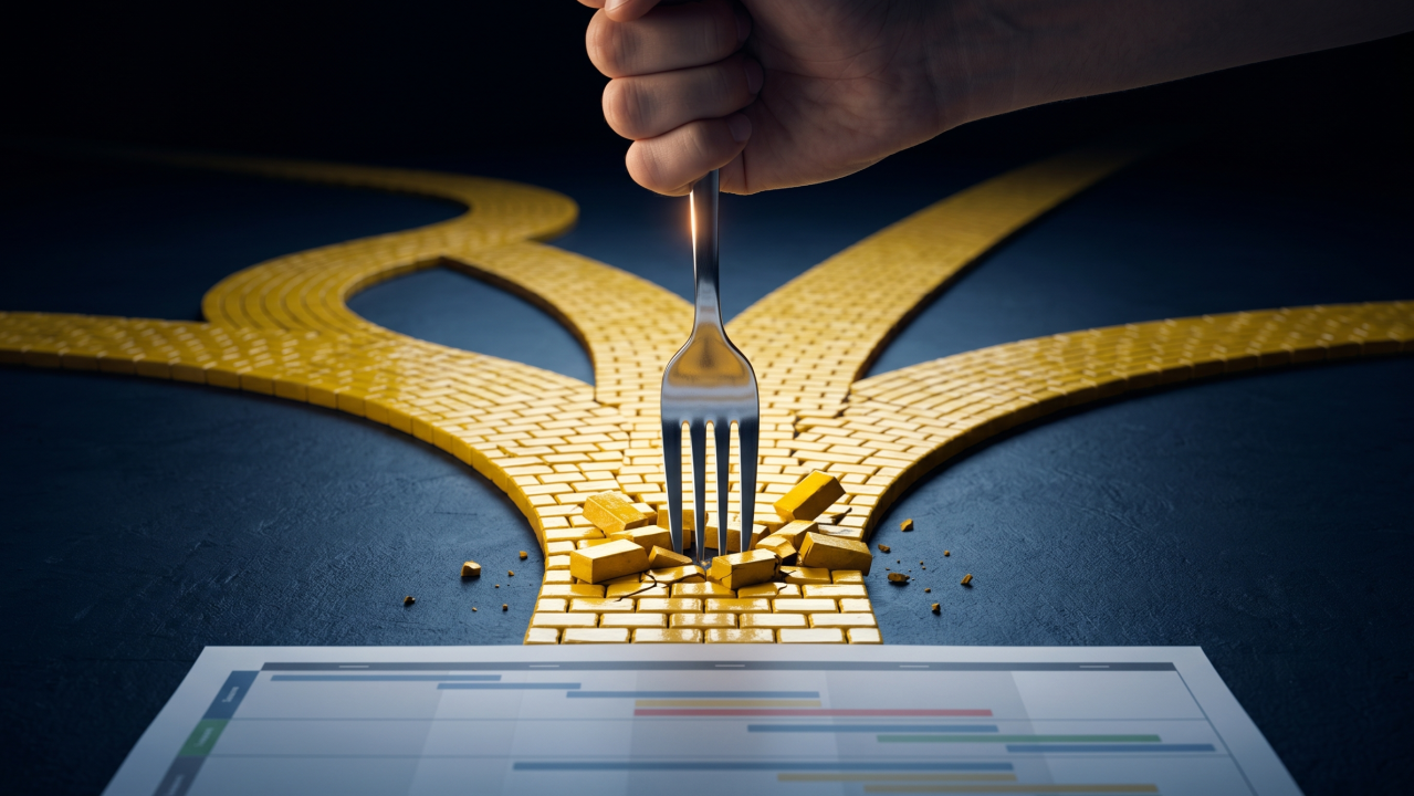 A fork stuck into a path made of gold bars that splits into several glowing yellow-brick roads rising off a laptop screen