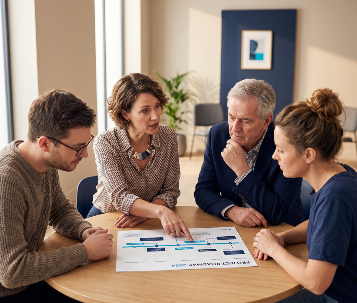 Four colleagues lean over a printed product roadmap on a table, calmly discussing it together