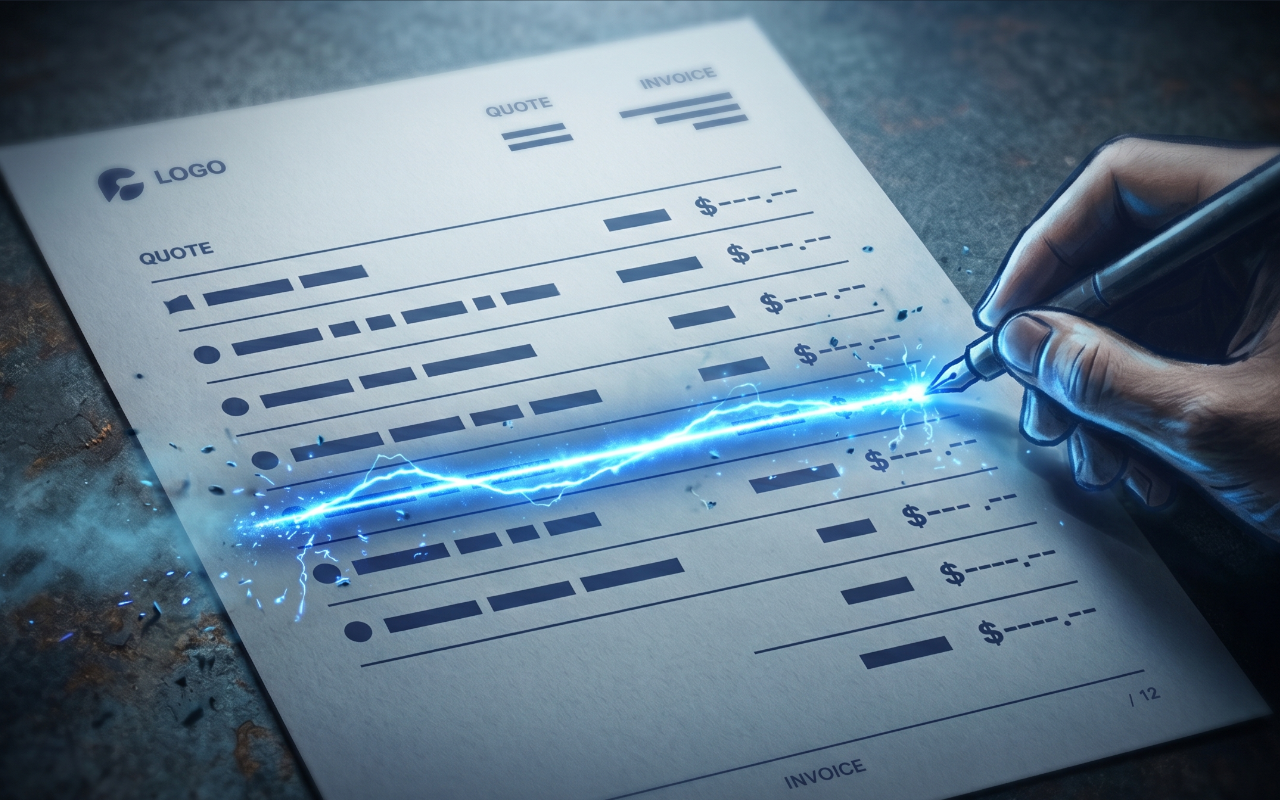 A printed quote document with a bright blue lightning bolt striking through one of its line items, a hand poised over it with a pen