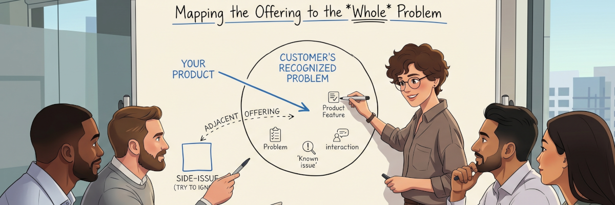 A working session at a whiteboard mapping 'the offering to the whole problem,' with a facilitator drawing the customer's recognized problem as a circle that contains the product