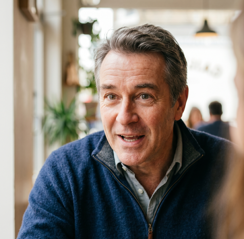 A close portrait of the same founder mid-sentence, gray sweater, warm and animated