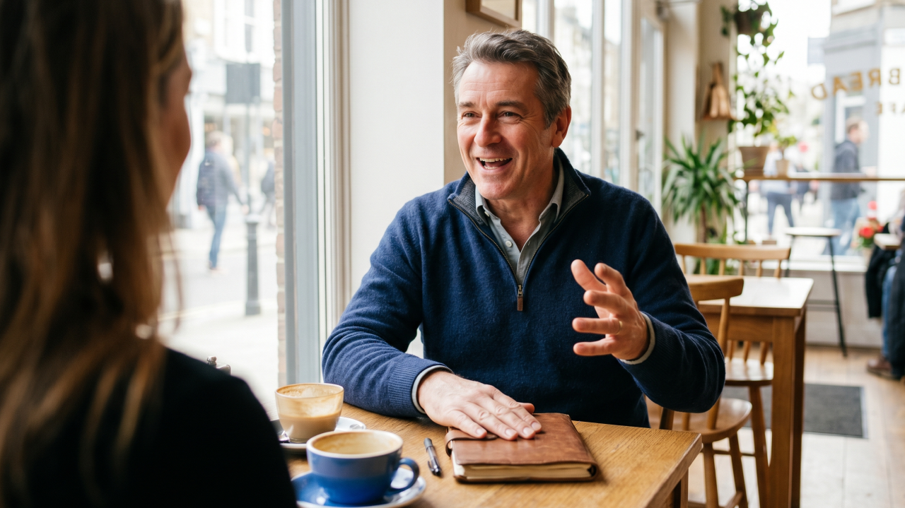 A silver-haired founder in a blue sweater talks animatedly over coffee at a sunlit cafe table